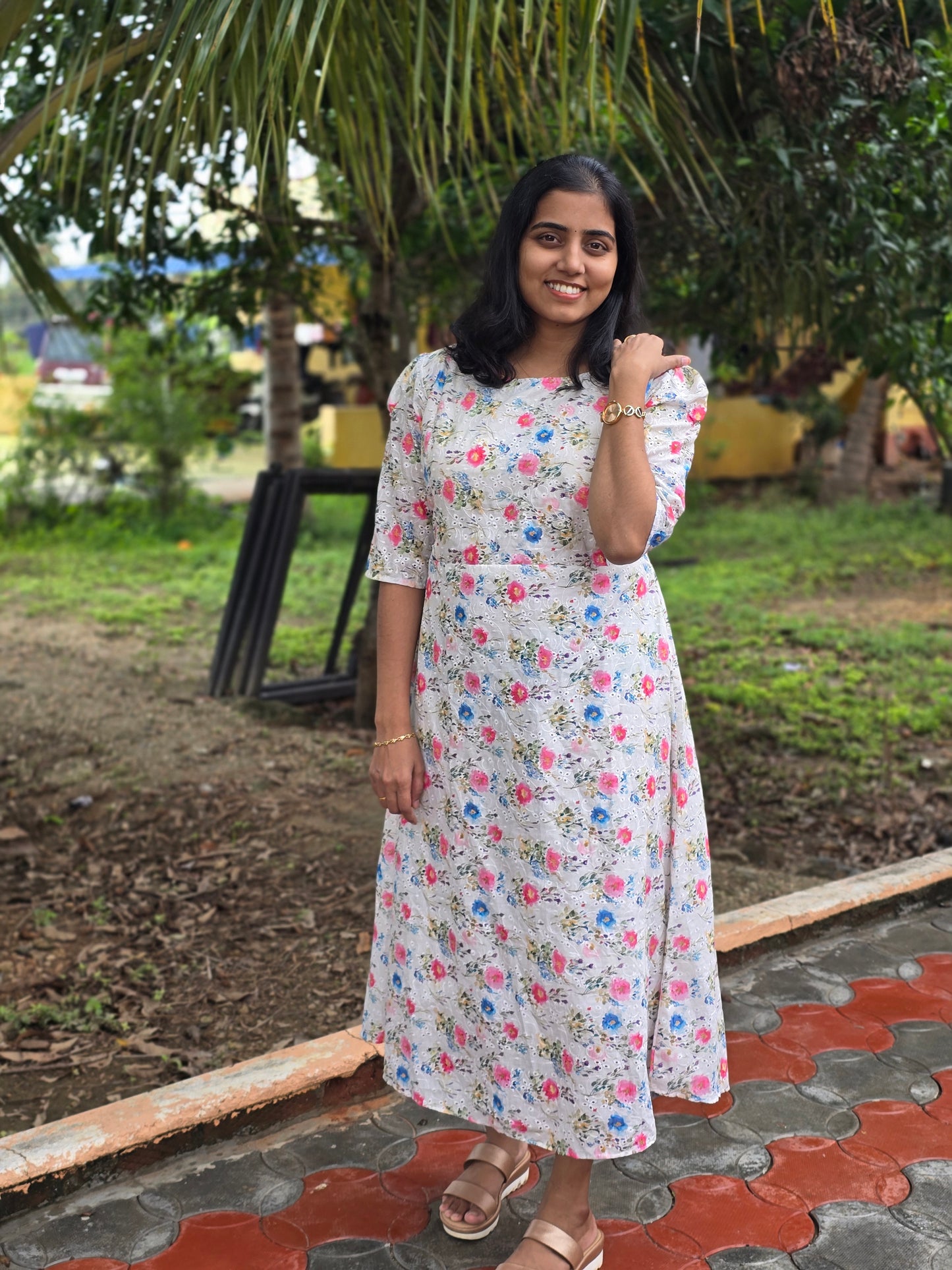 White Floral Cotton Hakoba Feeding Maxi with Zip and Full Lining