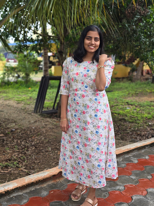 White Floral Cotton Hakoba Feeding Maxi with Zip and Full Lining