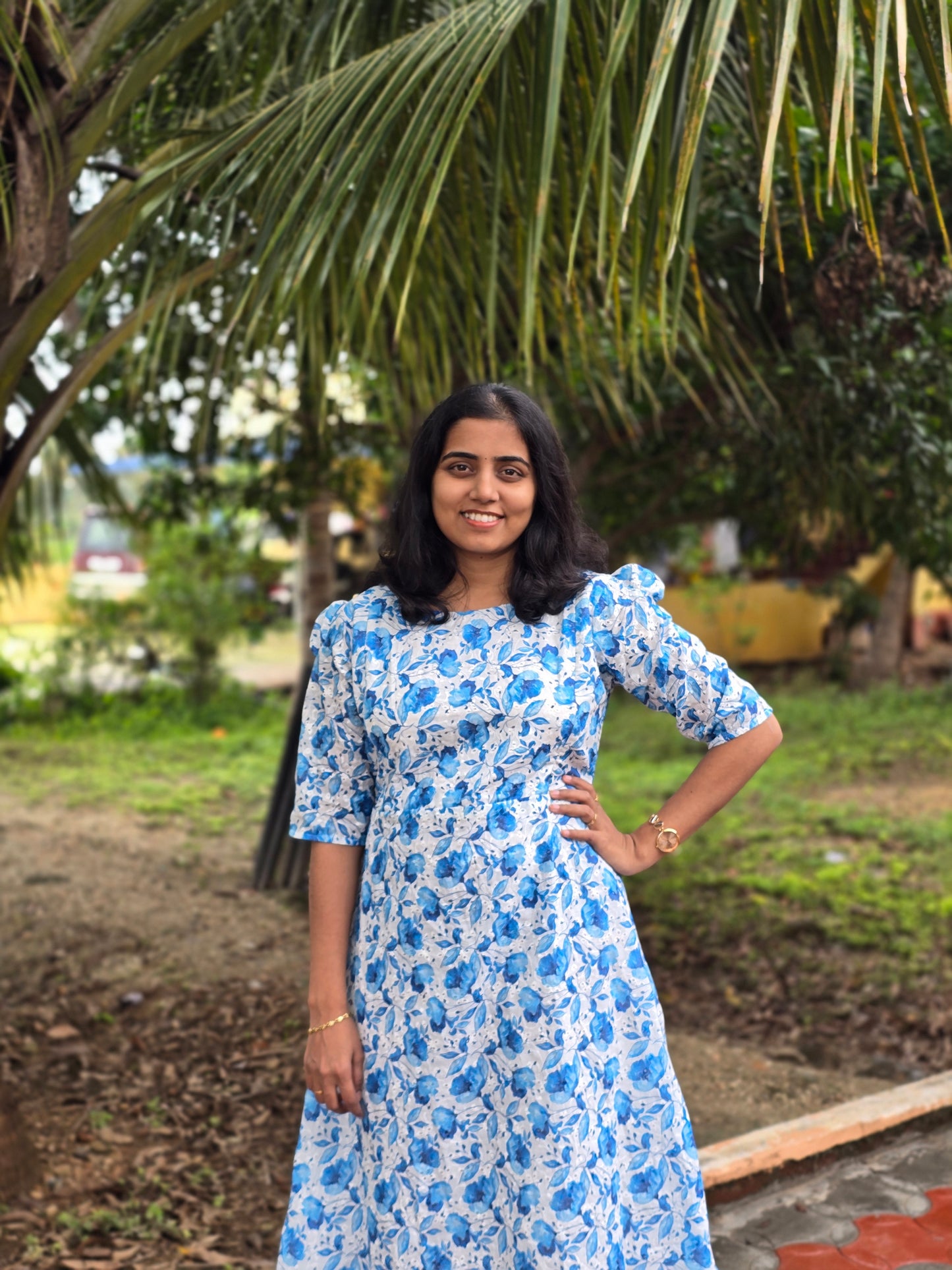 Blue Floral Cotton Hakoba Feeding Maxi with Zip and Full Lining