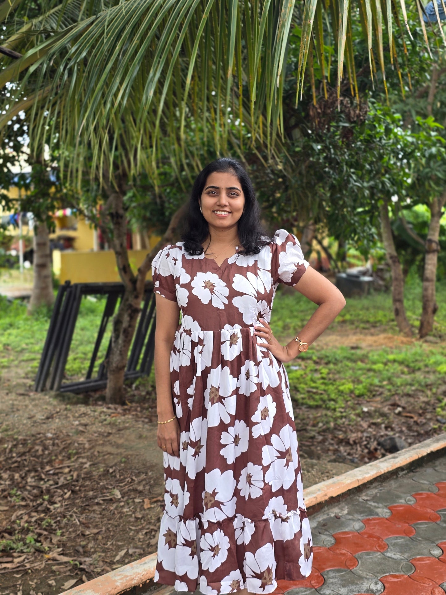 Brown Flowers Feeding Maxi with Zip and Full Lining