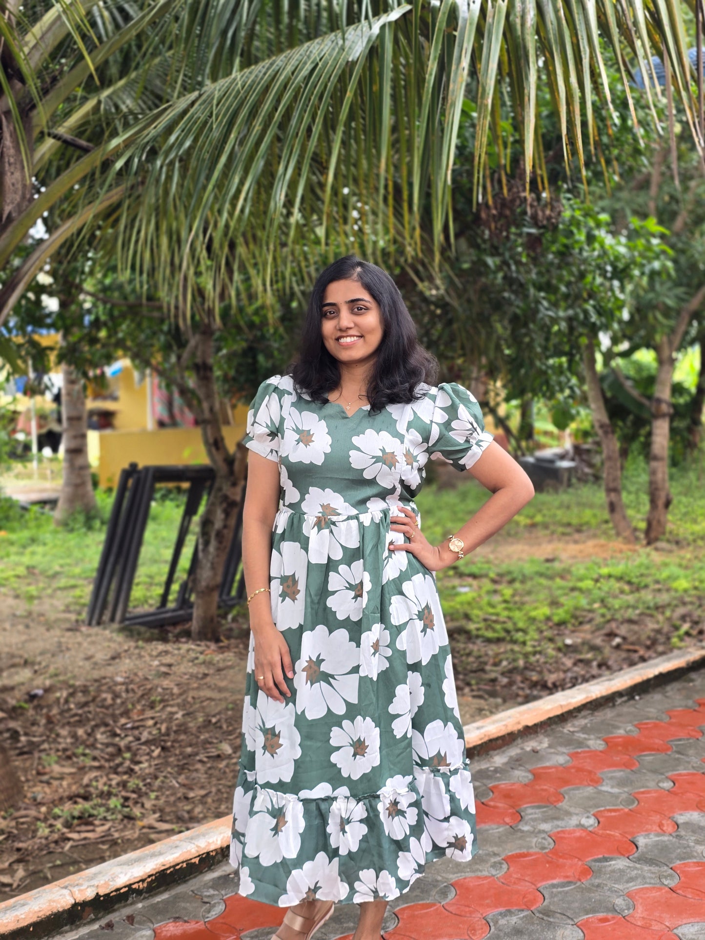 Green Flowers Feeding Maxi with Zip and Full Lining