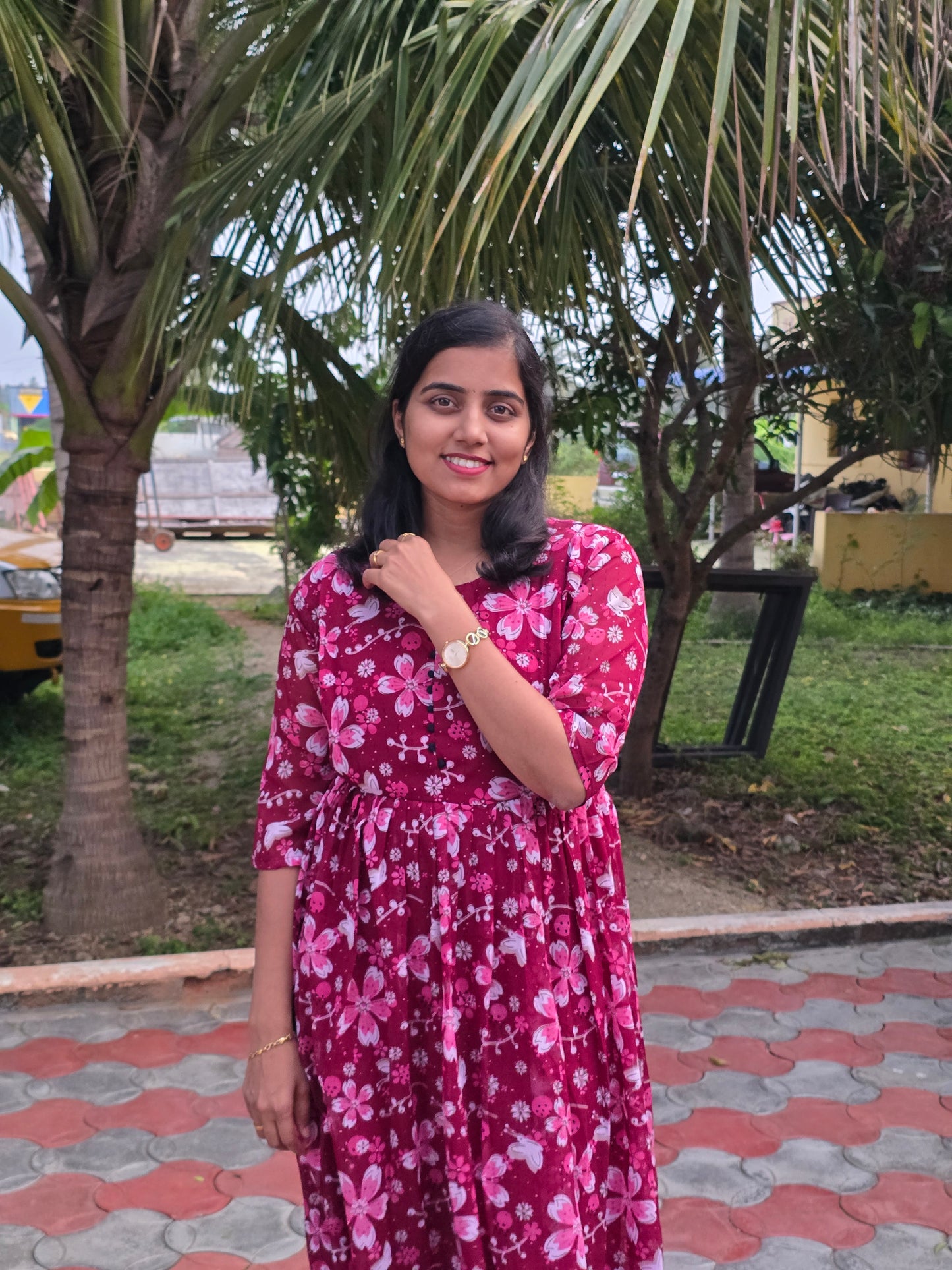 Maroon Floral Georgette Feeding Maxi with Zip and Full Lining