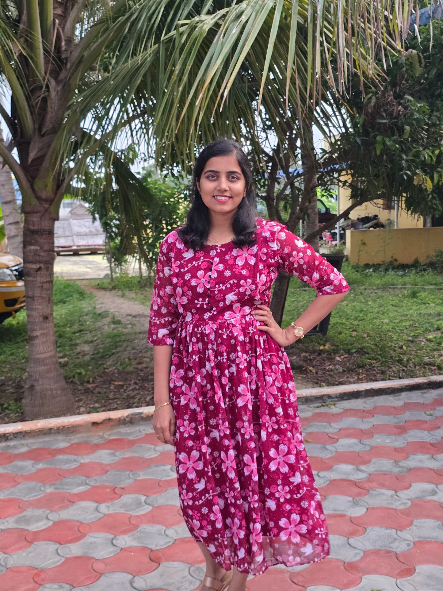 Maroon Floral Georgette Feeding Maxi with Zip and Full Lining