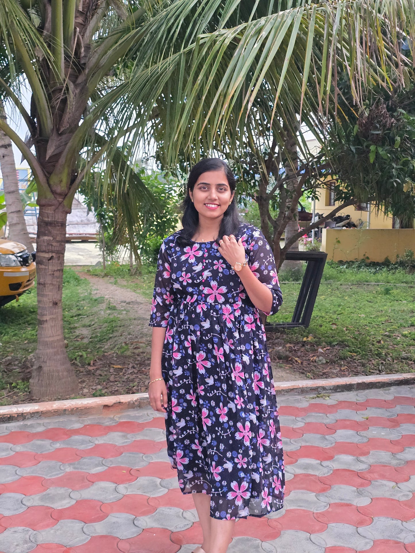 Navy Blue Floral Georgette Feeding Maxi with Zip and Full Lining