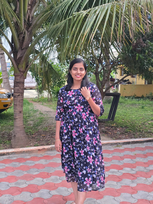 Navy Blue Floral Georgette Feeding Maxi with Zip and Full Lining