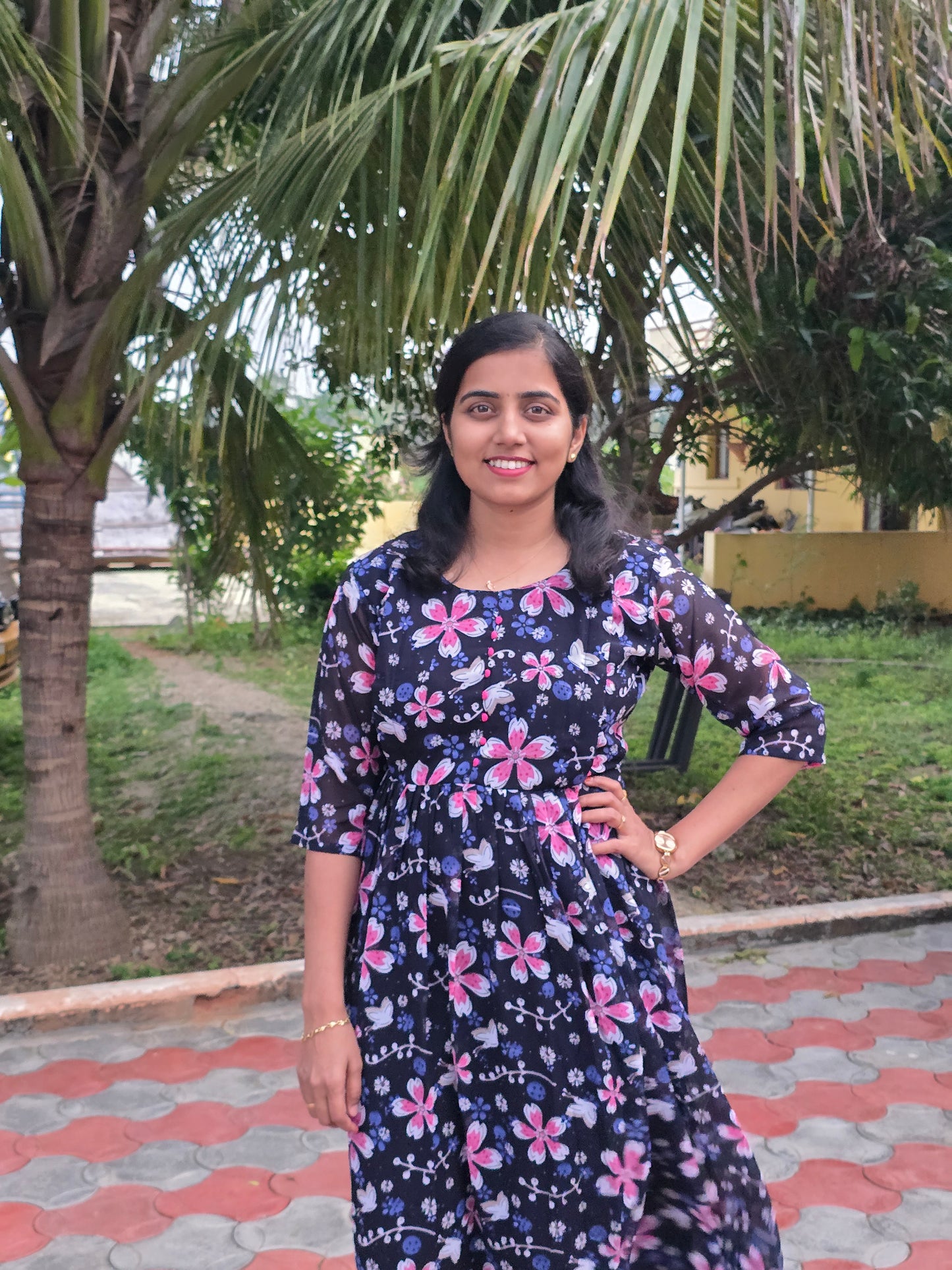 Navy Blue Floral Georgette Feeding Maxi with Zip and Full Lining