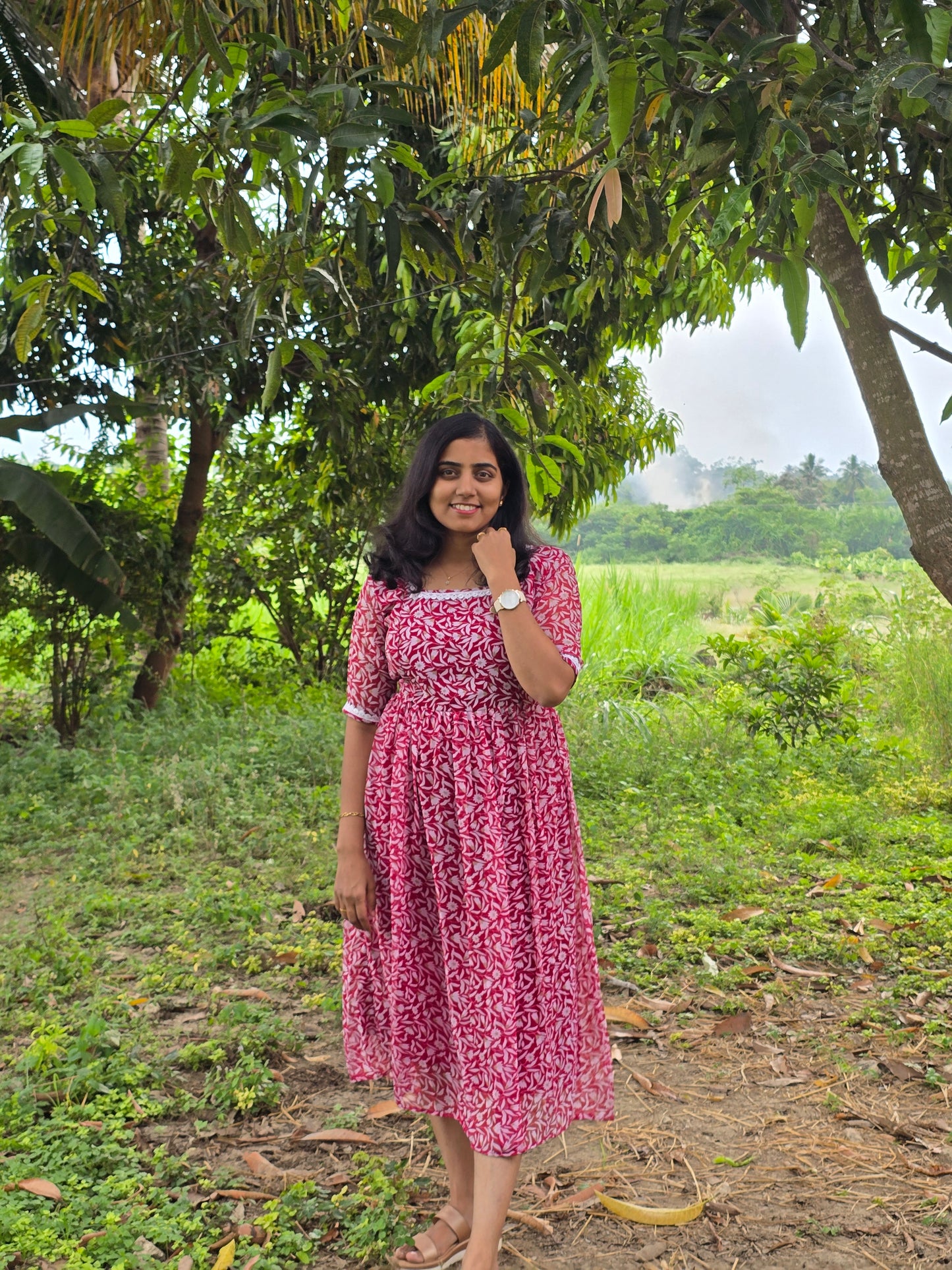 Red Floral with lace border Georgette Feeding Maxi with Zip and Full Lining