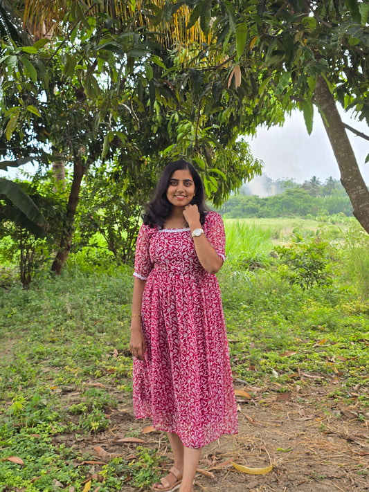 Red Floral with lace border Georgette Feeding Maxi with Zip and Full Lining