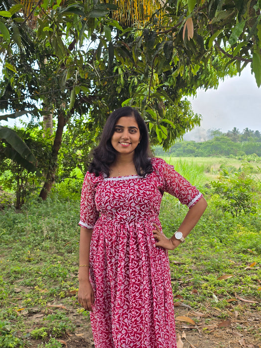 Red Floral with lace border Georgette Feeding Maxi with Zip and Full Lining