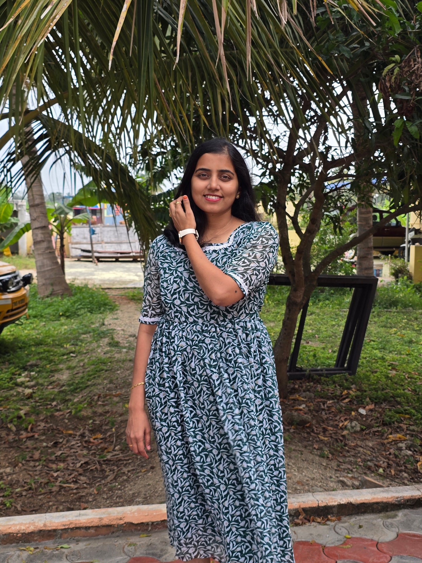 Green Floral with lace border Georgette Feeding Maxi with Zip and Full Lining