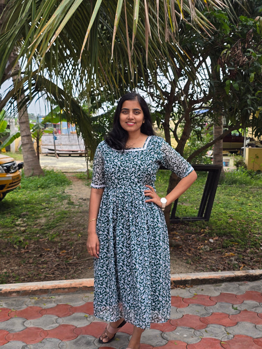 Green Floral with lace border Georgette Feeding Maxi with Zip and Full Lining