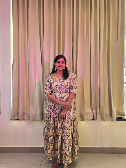 Yellow Florals Feeding Maxi with Zip and Full Lining