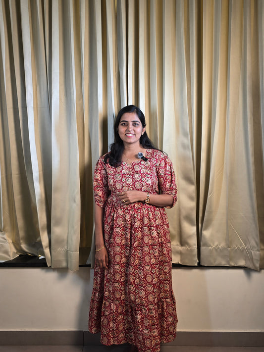 Red Kalamkari Cotton Feeding Maxi with Zip