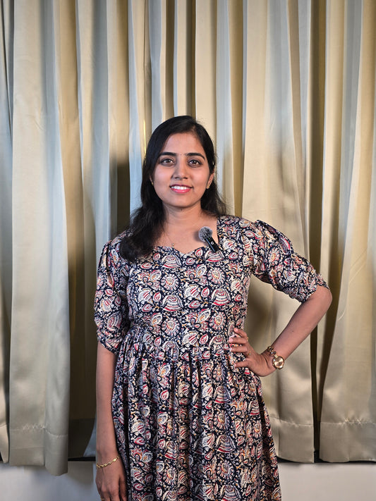 Blue Kalamkari Cotton Feeding Maxi with Zip