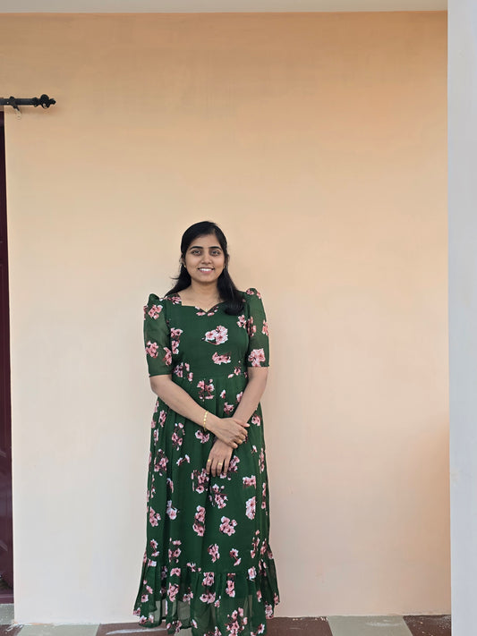 Green Georgette Digital Floral print Feeding Maxi with Zip